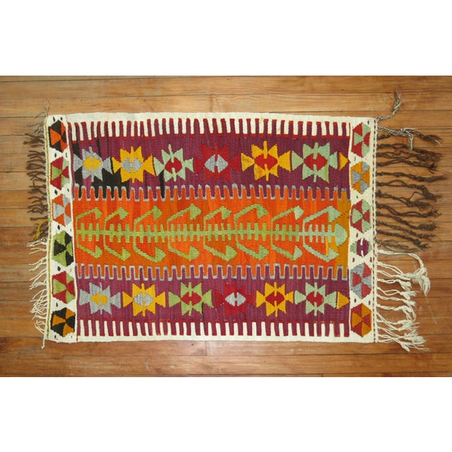 One of a kind, mid 20th-century Hand-knotted Turkish Kilim Flatwoven Small Size Rug. Professionally Washed & personally...