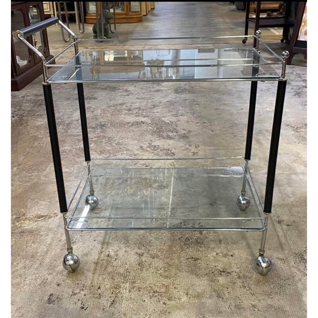 Chrome Mid 20th Century Modern Chrome and Glass Two-Level Bar Cart on Wheels For Sale - Image 8 of 9