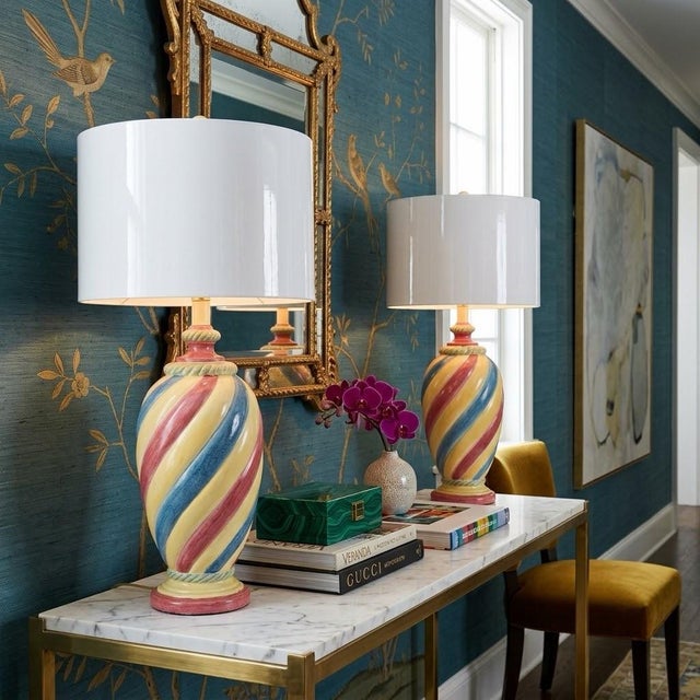 7 x 7 31.5 top of finial 23” to top of socket Discovered at a beautiful estate here in Florida, this pair of hand-painted...