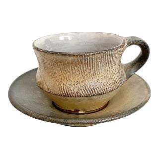1980s Handmade Ceramic Coffee Cup and Saucer Set, Wabi Sabi Studio Pottery Mug, Earthy For Sale