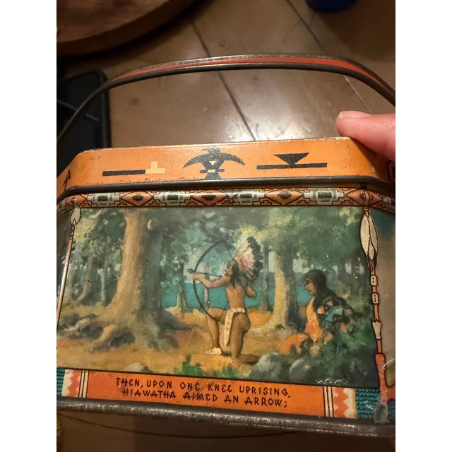 Green 1930s Loose-Wiles Hiawatha’s Wedding Journey Lithographed Biscuit Tin For Sale - Image 8 of 10