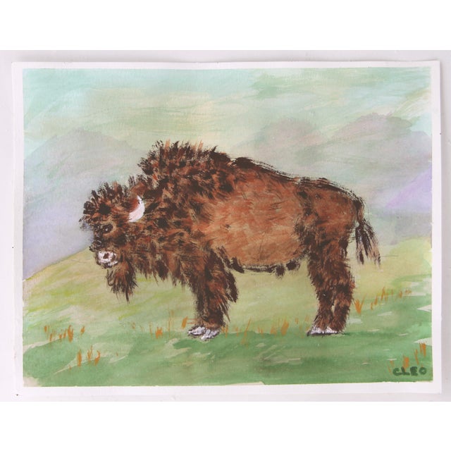 Impressionist American bison buffalo in a western landscape. In brown, green, tan, burnt orange. Animals, figure. Gouache...