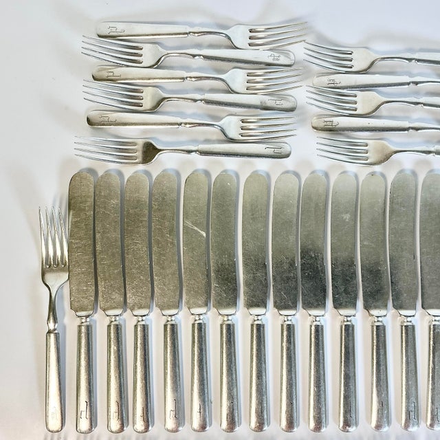 Mid 1800s Antique English Boho Chic Monogrammed Silver Plate Knives and Forks - Set of 70 For Sale - Image 11 of 17