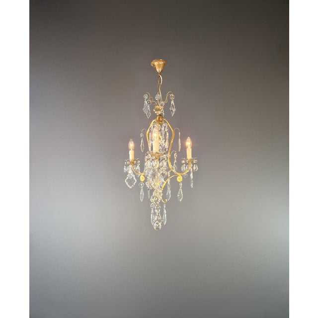 Art Deco 1930s Art Nouveau Brass Crystal Chandelier Ceiling Lamp For Sale - Image 3 of 10