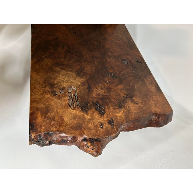 2000s Live Edge Enzo Custom Hanging Figured Claro Black Walnut Burl Double Shelf - 1 Piece For Sale - Image 11 of 11