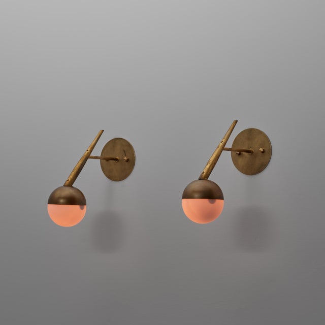 Metal Vintage Italian Brass and Opaline Glass Globe Wall Sconces, 1950s, Set of 2 For Sale - Image 7 of 11