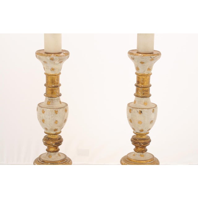 1940s Large Italian Gilt & Hand-Painted Candlestick Lamps For Sale - Image 11 of 12