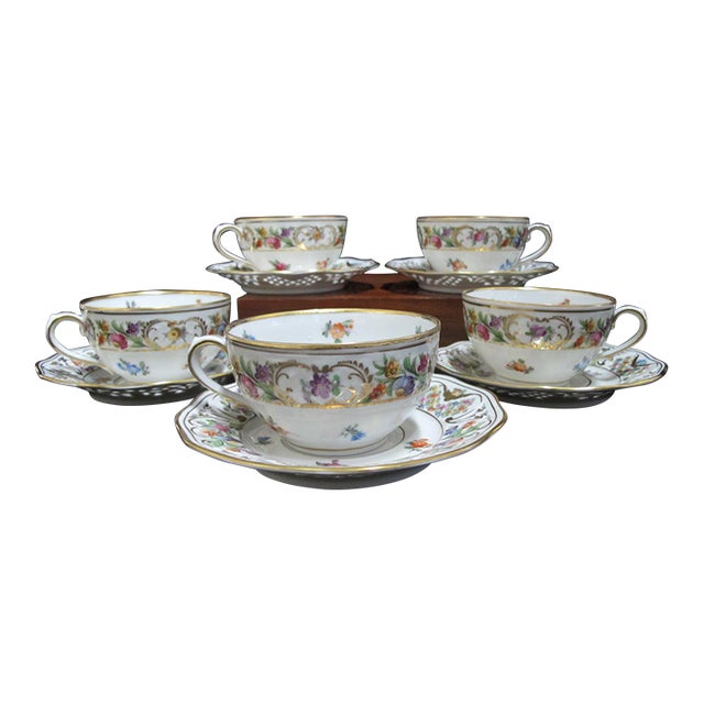 Dresden Schumann Bavaria Chateau Flower Cup & Reticulated Saucer Set of 5 For Sale