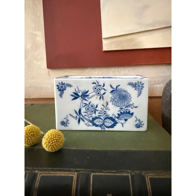 Vintage Blue and White Flower Frog Andrea by Sadek Japan Rectangular Floral Vase For Sale - Image 12 of 12