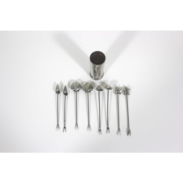 Metal Vintage Silverplated Seashell Cocktail Picks Forks With Holder Set of 9 For Sale - Image 7 of 9