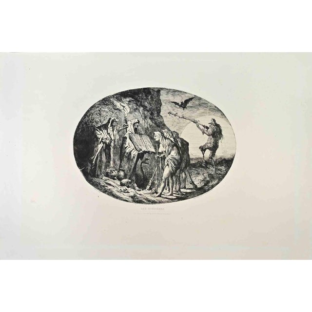 Les Sorcières is a black and white etching realized by Jean Amable Pastelot in 1870s. Titled in the lower. Good condition....