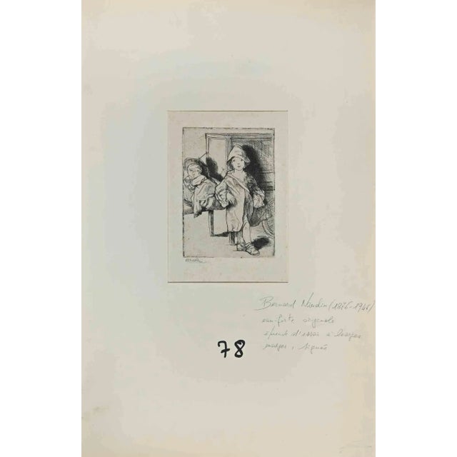 Children is an Original Etching realized by Bernard Naudin (1876-1946). The artwork is in good condition, included a cream...