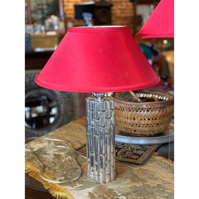 1960s Chrome Faux Bamboo Hollywood Regency Style Table Lamps With Red Shades - a Pair For Sale - Image 4 of 15