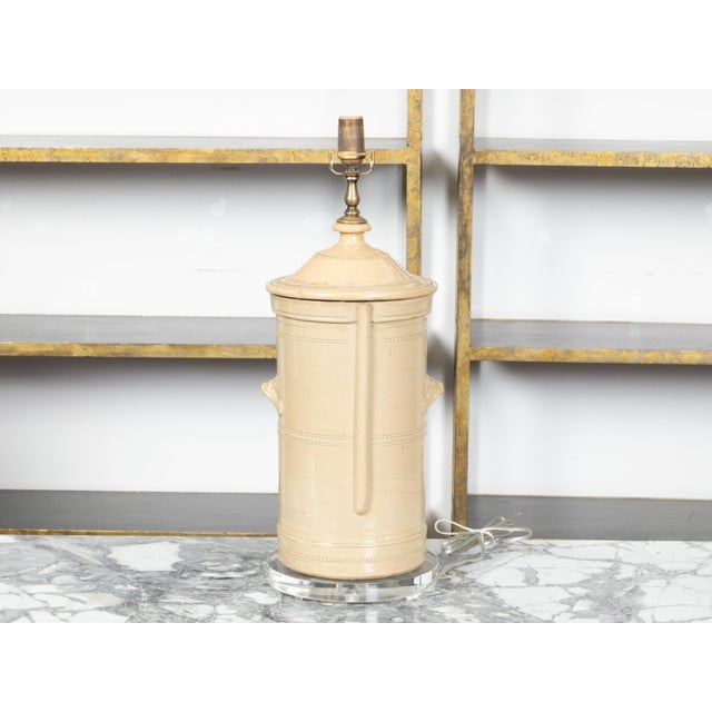 Ceramic 19th Century English Cream Glazed Stoneware Water Filter Made into a Wired Lamp For Sale - Image 7 of 11