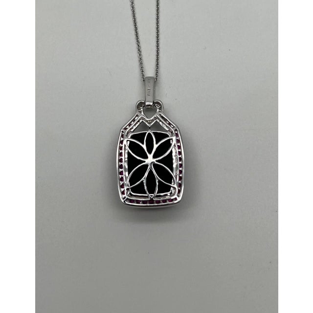 Black Onyx Red Pink Ruby White Diamond Halo 14k White Gold Pendant Necklace For Sale - Image 4 of 10
