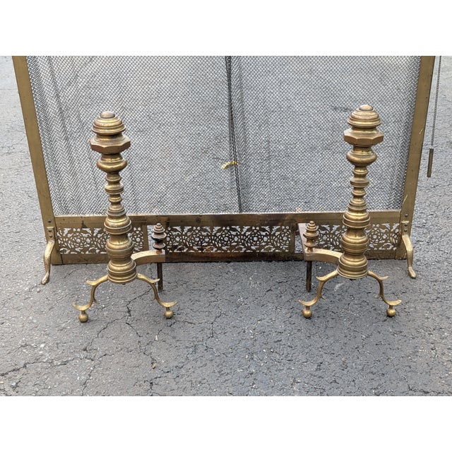 Metal Mid 20th century Hollywood Regency Brass Fireplace Andirons With Flex Screen For Sale - Image 7 of 11