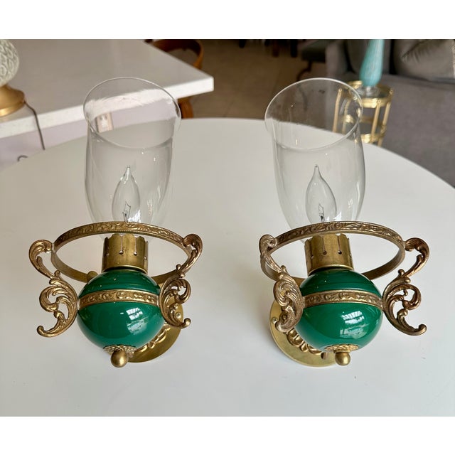 Pair Italian Green & Brass Faux Oil Lamp Wall Sconces For Sale - Image 18 of 18