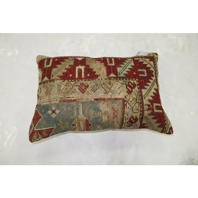 Rustic Antique Tribal Caucasian Lumbar Rug Pillow in Red and Soft Blue For Sale - Image 4 of 5