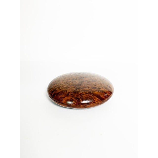 Round wooden box, France, 1970s. This elegant round wooden box is distinguished by its clean lines and remarkable veneer...