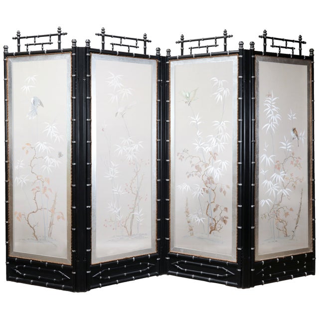 Vintage Chinese Hand-Painted Four-Panel Silk Folding Screen – Bamboo & Bird Motif For Sale - Image 12 of 13