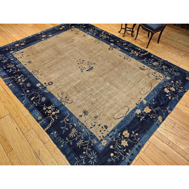 Antique Chinese Peking Rug, Wool Pile, Tan Field, Navy Border, 9' x 12' For Sale In Chicago - Image 6 of 17
