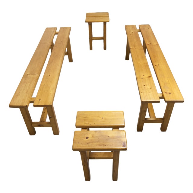 Vintage Benches and Stools in Mountain Pine, 1970, Set of 4 For Sale