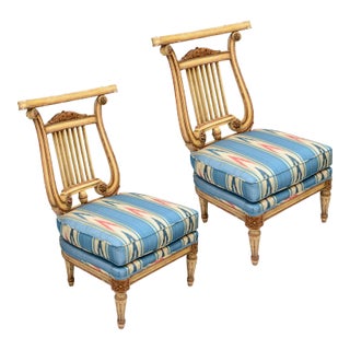 Pair French Lyre Back Painted Slipper Chairs, Blue Silk Irate Fabric For Sale