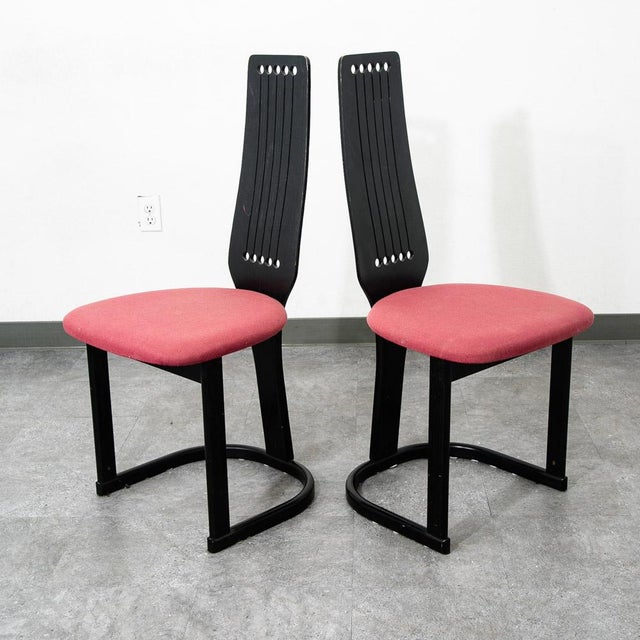 Pair of 1970s Mid Century Danish Modern Dining Chairs 2 Post Modern Black Memphis Ebonized For Sale - Image 10 of 12
