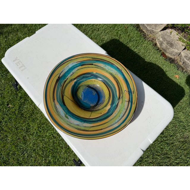 Glass Vintage Handcrafted Art Glass Charger Bowl in Blue, Teal & Amber Swirl Glaze For Sale - Image 7 of 11