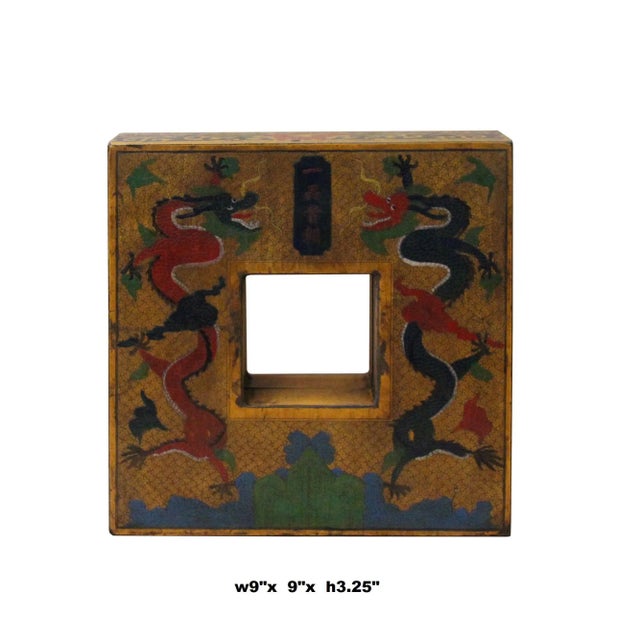 This is a handmade Chinese accent decorative box made of wood and finished with a distressed yellow base color. The...