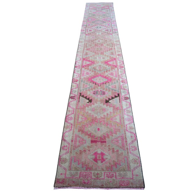 Pink 1970s Hand-Knotted Turkish Runner Rug Tribal Narrow Long Runner - Sun Faded Shaved Pile - 2′2″ × 13′ For Sale - Image 8 of 13