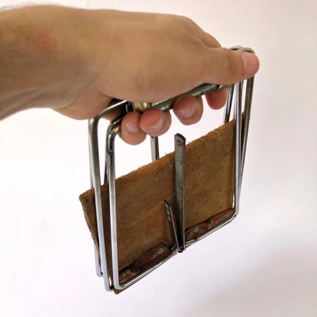 Little Industrial Brown Leather & Metal Folding Portable Stool For Sale - Image 6 of 9