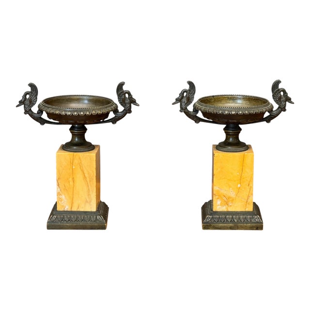 Pair of Early 19th Century French Bronze Tazzas on Siena Marble Bases For Sale
