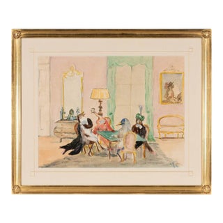 Late 20th Century Watercolor & Feather Collage "The Bridge Party" For Sale