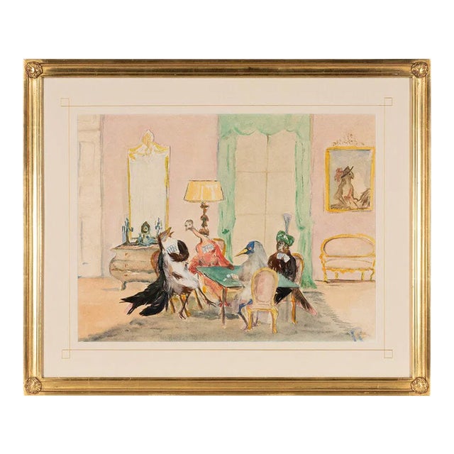 Late 20th Century Watercolor & Feather Collage "The Bridge Party" For Sale