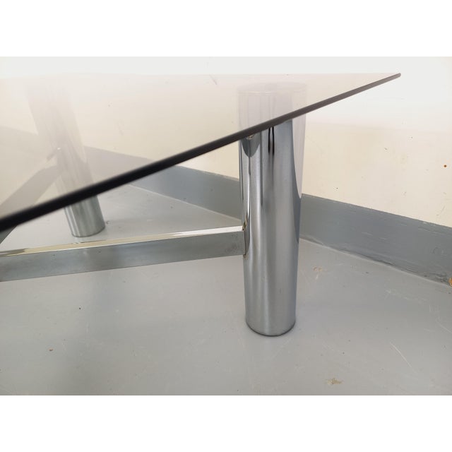 Vintage square coffee table from the 1970s, beautiful Italian Space Age design, square smoked glass top, cylindrical...