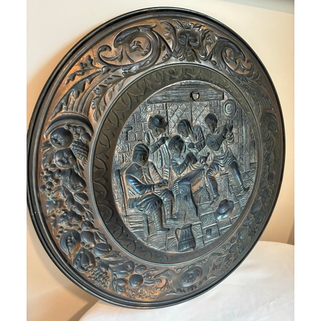 Metal Large 22.5” Antique Dutch Tavern Scene Copper Repoussé Wall Plaque / Charger Circa 1890’s For Sale - Image 7 of 12