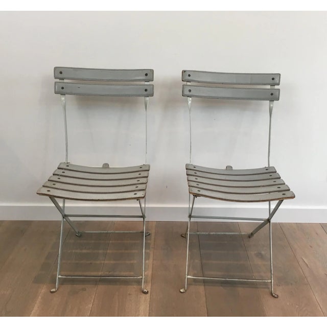 Metal Zanotta, Grey Leather and White Lacquered Metal Folding Chairs, Italian - A Pair For Sale - Image 7 of 13