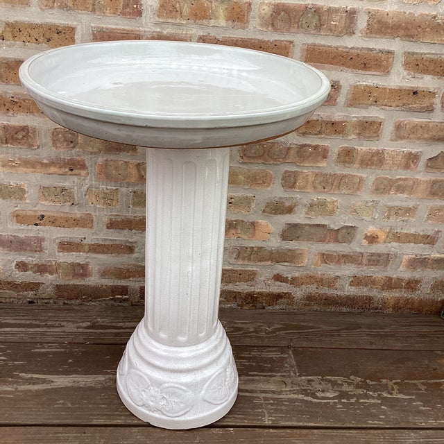 Vintage American Made White Glazed Terracotta Column Pedestal Bird Bath For Sale - Image 9 of 12
