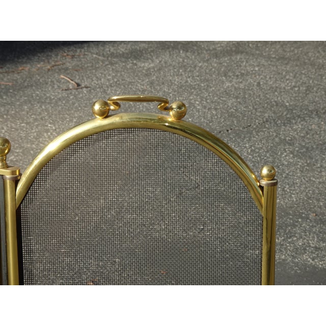 Vintage French Country Neoclassical Three Panel Gold Fireplace Screen W Finials For Sale - Image 9 of 17