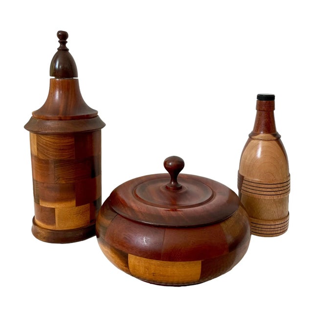 Vintage Segmented Wood Decanter Bar Set. Set of Three. This ad is so handsome. It includes one large decanter which is 13...