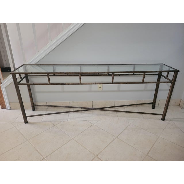 Vintage Faux‑Bamboo Metal Console Table With Glass Top For Sale - Image 11 of 12