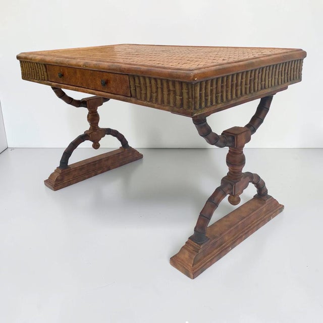 Brown 1970s Woven Rattan Victorian Style Faux Bamboo Desk For Sale - Image 8 of 10