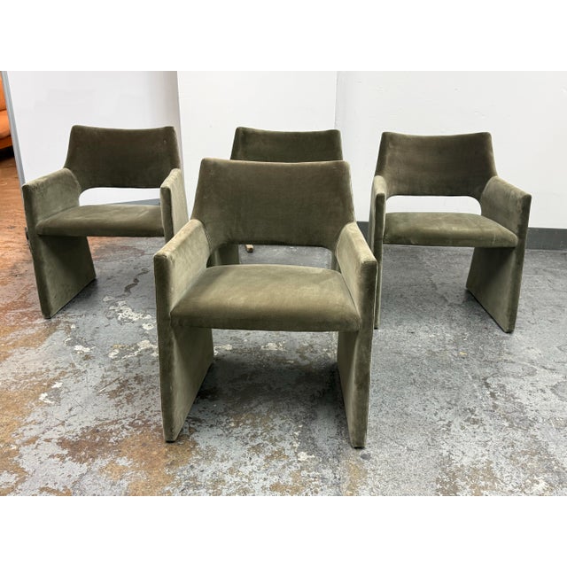 Design Plus Gallery presents a Set of Four of the Foley Olive Green Velvet Dining Armchairs by Caleb Zipperer from CB2....