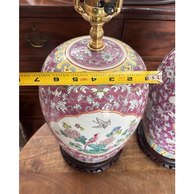 Dark Pink Early to Mid Twentieth Century Chinese Export Famille Rose Ginger Jar Lamps Turquoise Enamel Flowers Birds, a Pair For Sale - Image 8 of 11