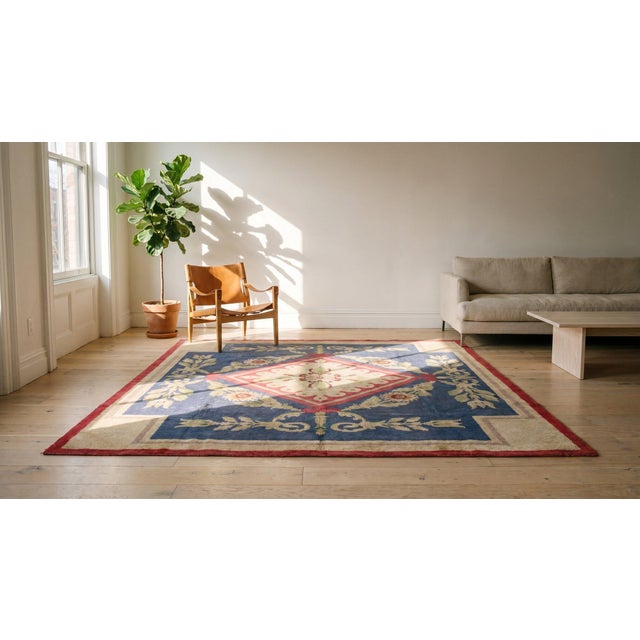 1930s Blue Medallion Antique French European Art Deco Carpet 8'5" X 10'5" Knotted Wool Rug For Sale - Image 13 of 14