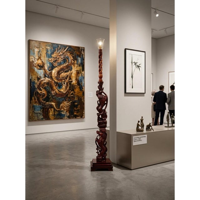 Vintage Chinoiserie - Intricately Hand Carved Double Guardian Lions (Shishi) Floor Lamp With Helix/Barley Twist Top Section Floor Lamp For Sale - Image 11 of 12