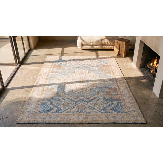 Textile 1920s Soft Blue Ivory Tan Antique Indian Agra Cotton Rug 4'3" X 6' Geometric Carpet For Sale - Image 7 of 9