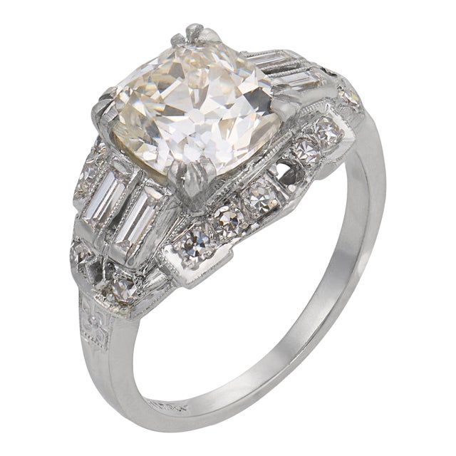 1920s Art Deco Gia 2.02 Carat Old Mine Cut Diamond Platinum Engagement Ring, Size 6 For Sale
