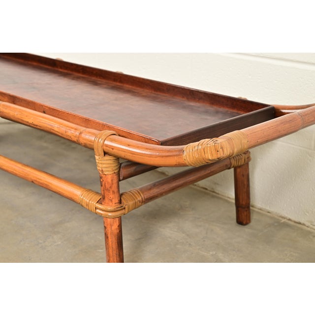 Brown John Wisner for Ficks Reed Mid-Century Hollywood Regency Pagoda Coffee Table, 1950s For Sale - Image 8 of 11